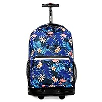 J World New York Sunrise Kids Rolling Backpack for Girls Boys Teen. Roller Bookbag with Wheels, New Flamingo, 18