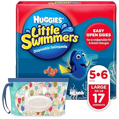 Huggies Little Swimmers Disposable Swim Diapers, Swimpants, Size 5-6 Large (Over 32 Pound), 17 Count, with Huggies Wipes Clutch 'N' Clean Bonus Pack (Packaging May Vary)