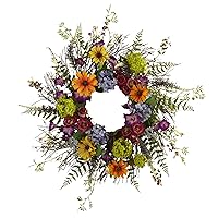 Nearly Natural 24-Inch Spring Garden Wreath with Twig Base, Multicolored/Green