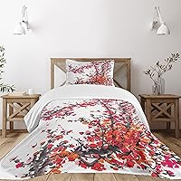 Lunarable Japanese Bedspread, Japanese Cherry Blossoms in Watercolor Brush Style Eastern Vibrant Oriental Art, Decorative Quilted 2 Piece Coverlet Set with Pillow Sham, Twin Size, Orange Red