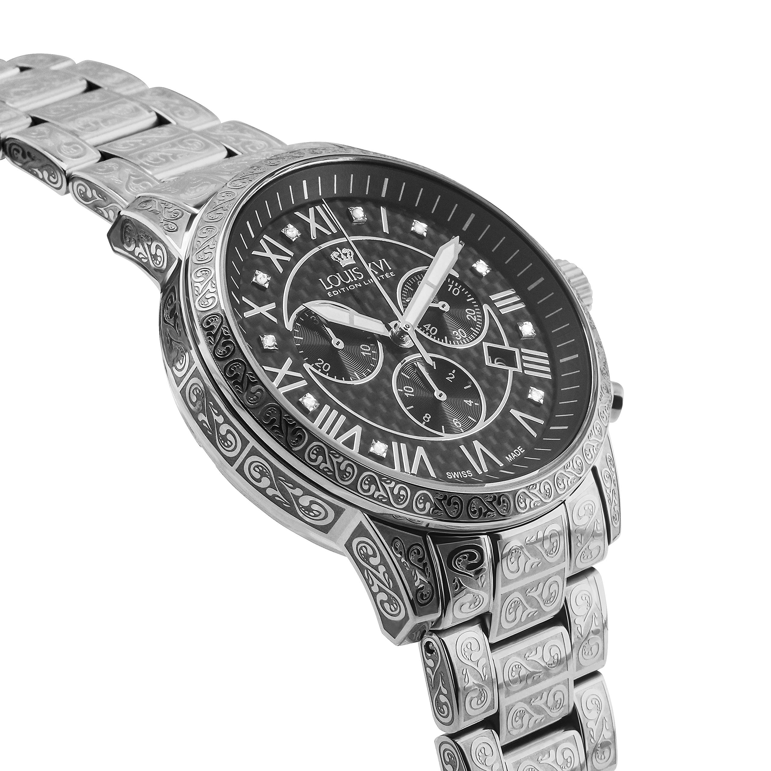 LOUIS XVI Herren-Armbanduhr Palais Royale Stahlband Silber Schwarz Karbon echte Diamanten Römische Zahlen Chronograph Analog Quarz Edelstahl 1019