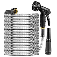 Metal Garden Hose 100ft Heavy Duty Stainless Steel Water Hose with Sprayer & Metal Fittings Flexible Lightweight Hose Puncture Proof Hose for Yard, Outdoors, Rv