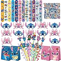 98PCS Stitch Party Favor Supplies -Reusable Drinking straws Masks&Slap Bracelets Candy Bags&Stitch Stickers Gifts for Kids Birthday Stitch Themed Party Favors Birthday Decorations
