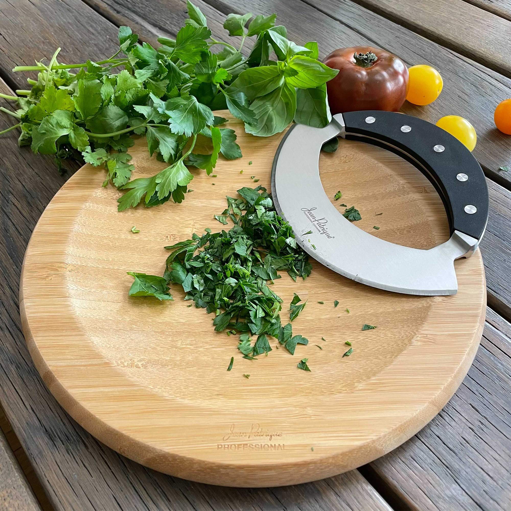 Mezzaluna Knife with Board - Salad Chopper/Pizza Cutter Rocker, Single-Handled with a Stainless Steel Blade - by Jean Patrique