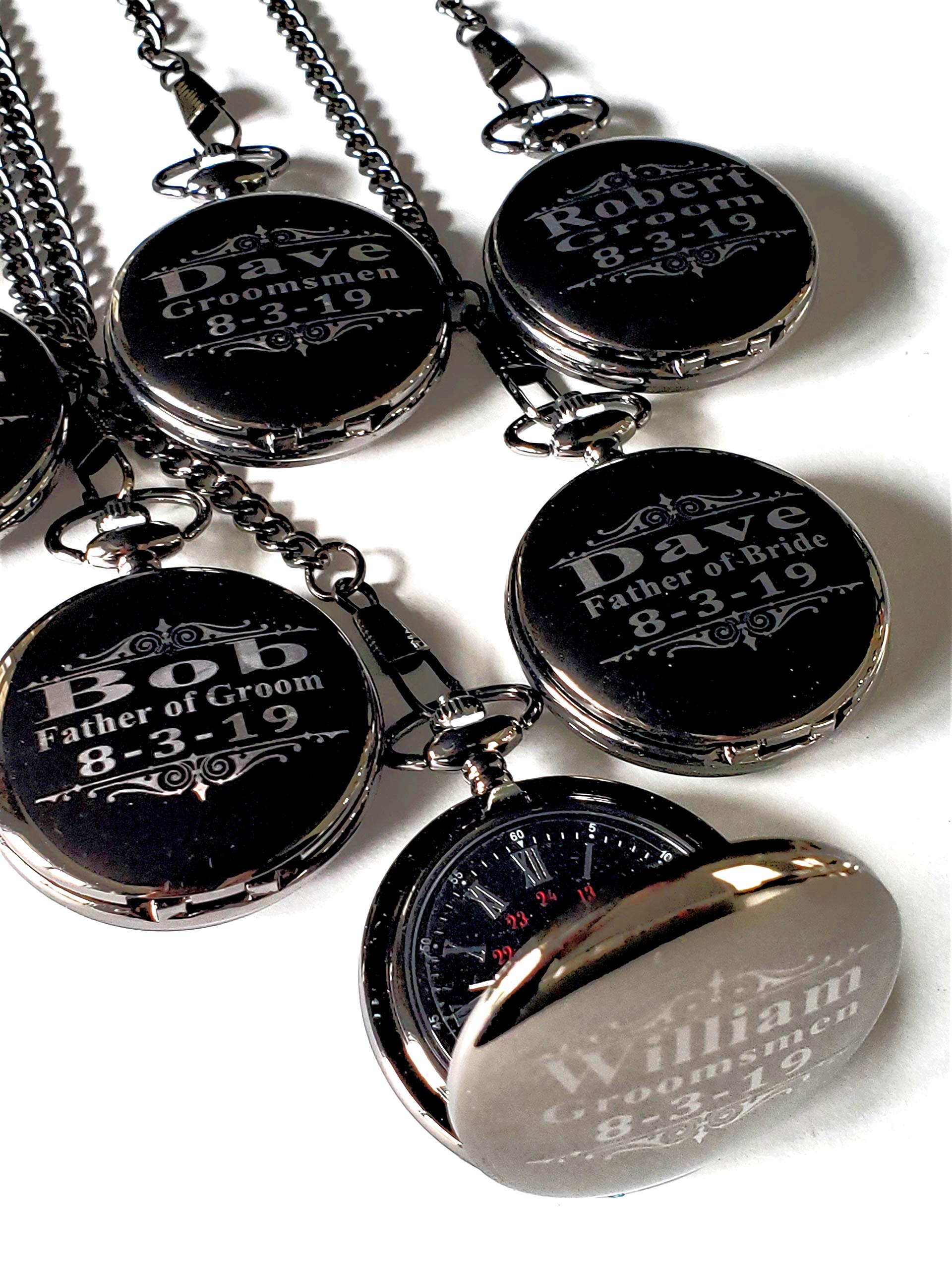 8 Custom Engraved Pocket Watches - 8 Gift Set for Weddings - Groomsmen Personalized Watches with Chain and Box Included - Engraving Included