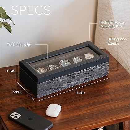 CASE ELEGANCE Two-Toned Herringbone and Solid Wood Watch Box Organizer Case with Glass Display Top
