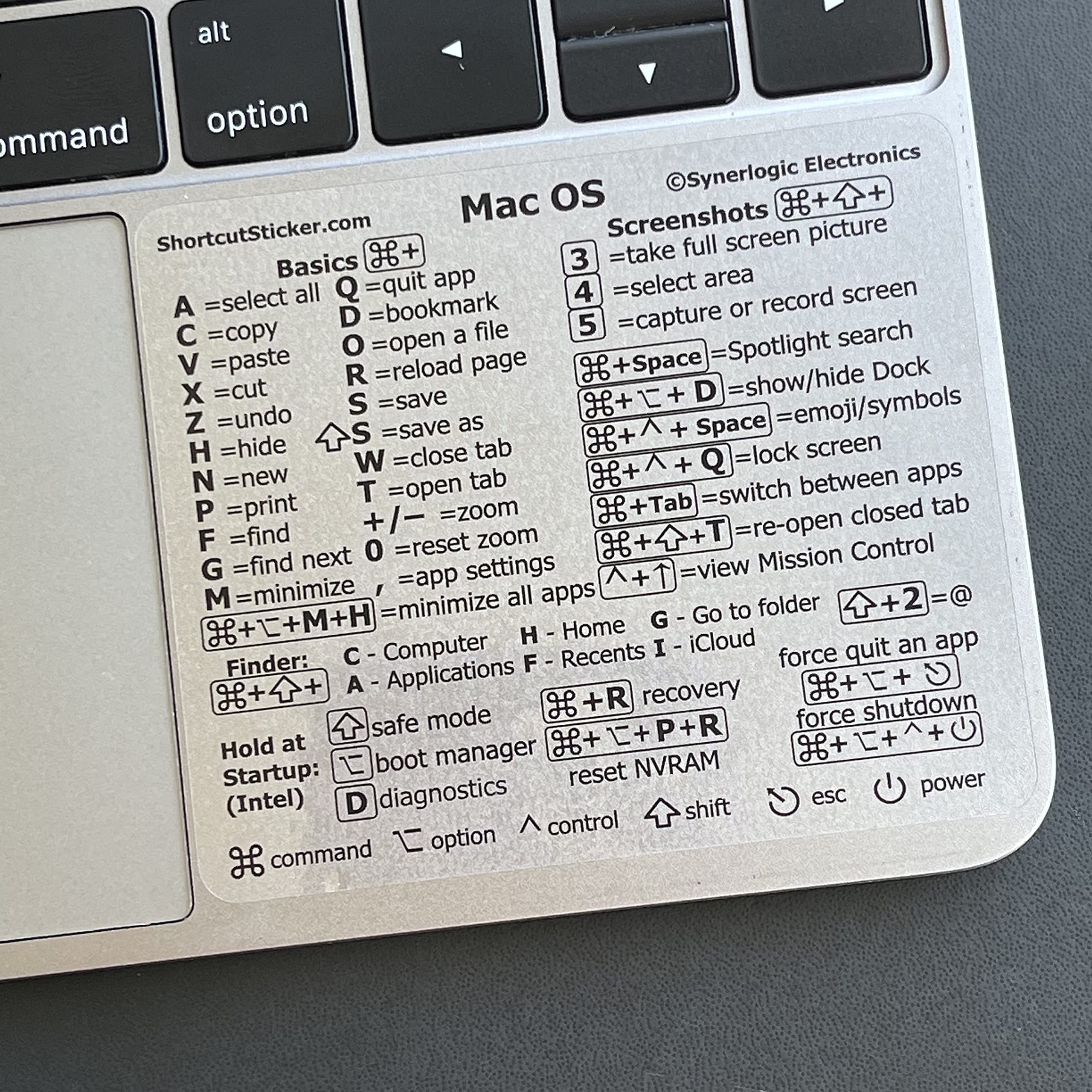 SYNERLOGIC (for Intel) Mac OS (Monterey/Big Sur/Catalina/Mojave etc) Keyboard Shortcut Transparent Vinyl Sticker, No-Residue Adhesive, Compatible with MacBook Air/Pro/iMac/Mini