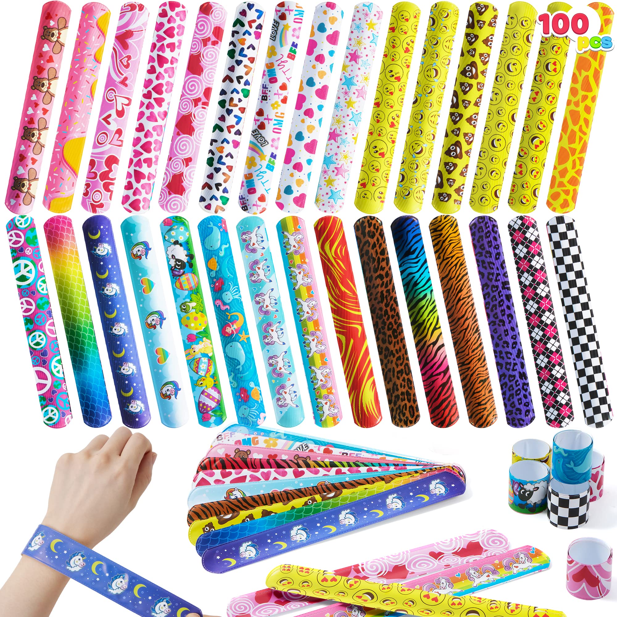 JOYIN 100 PCs Slap Bracelets Toys Valentines Day Party Favors (30 Designs) with Colorful Hearts Animal and Unicorn, Valentine Classroom Prizes Exchanging Gifts