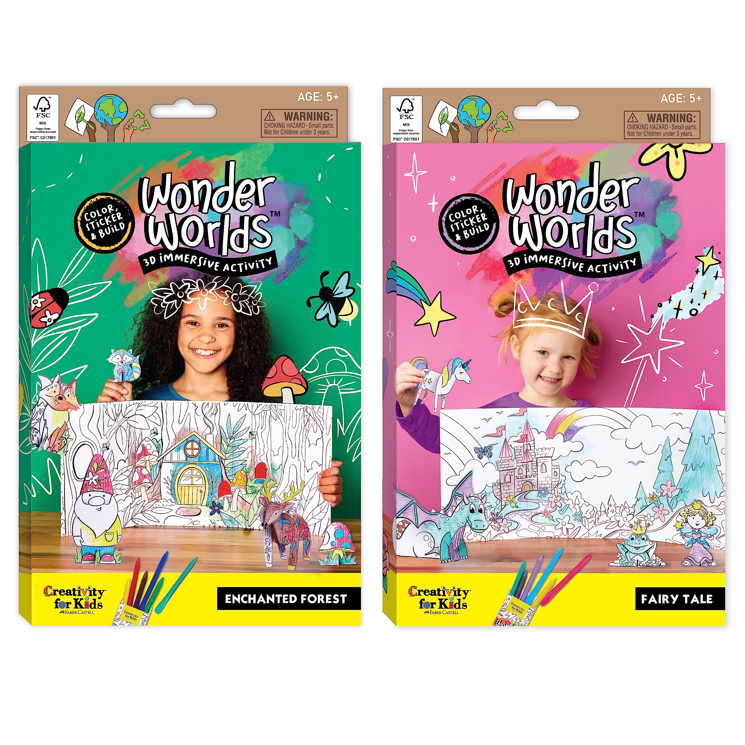 Creativity for Kids Wonder Worlds 3D Coloring Kit, 2 Pack: Princess Fairy Tale and Enchanted Woodland Forest - Kids Coloring Book Activity Kit for Ages 5-7+, Small Gifts for Kids