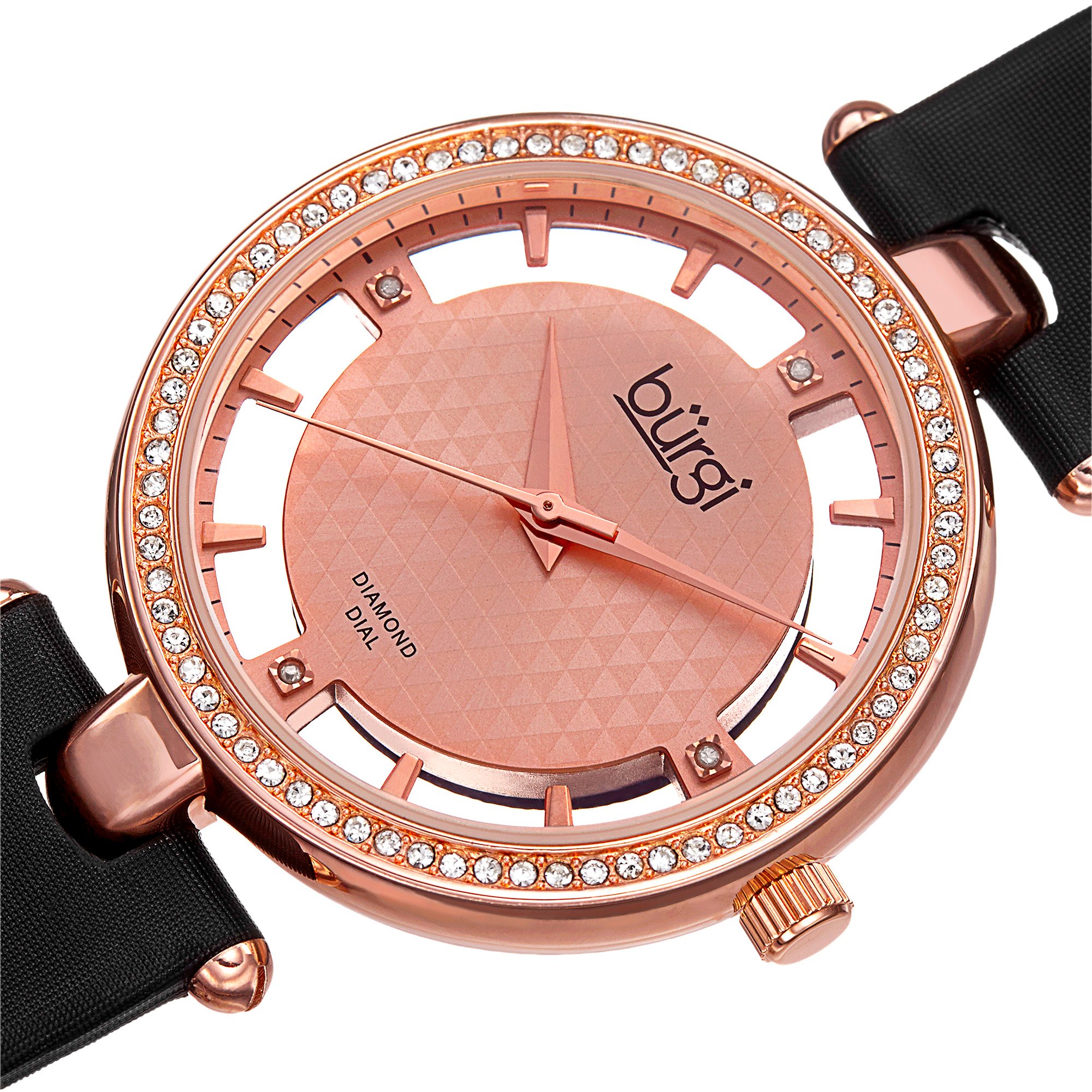 Burgi Swarovski Crystal Studded Watch - 4 Genuine Diamond Markers, See Through and Sunray Dial On Satin Over Leather Women’s Watch - BUR104