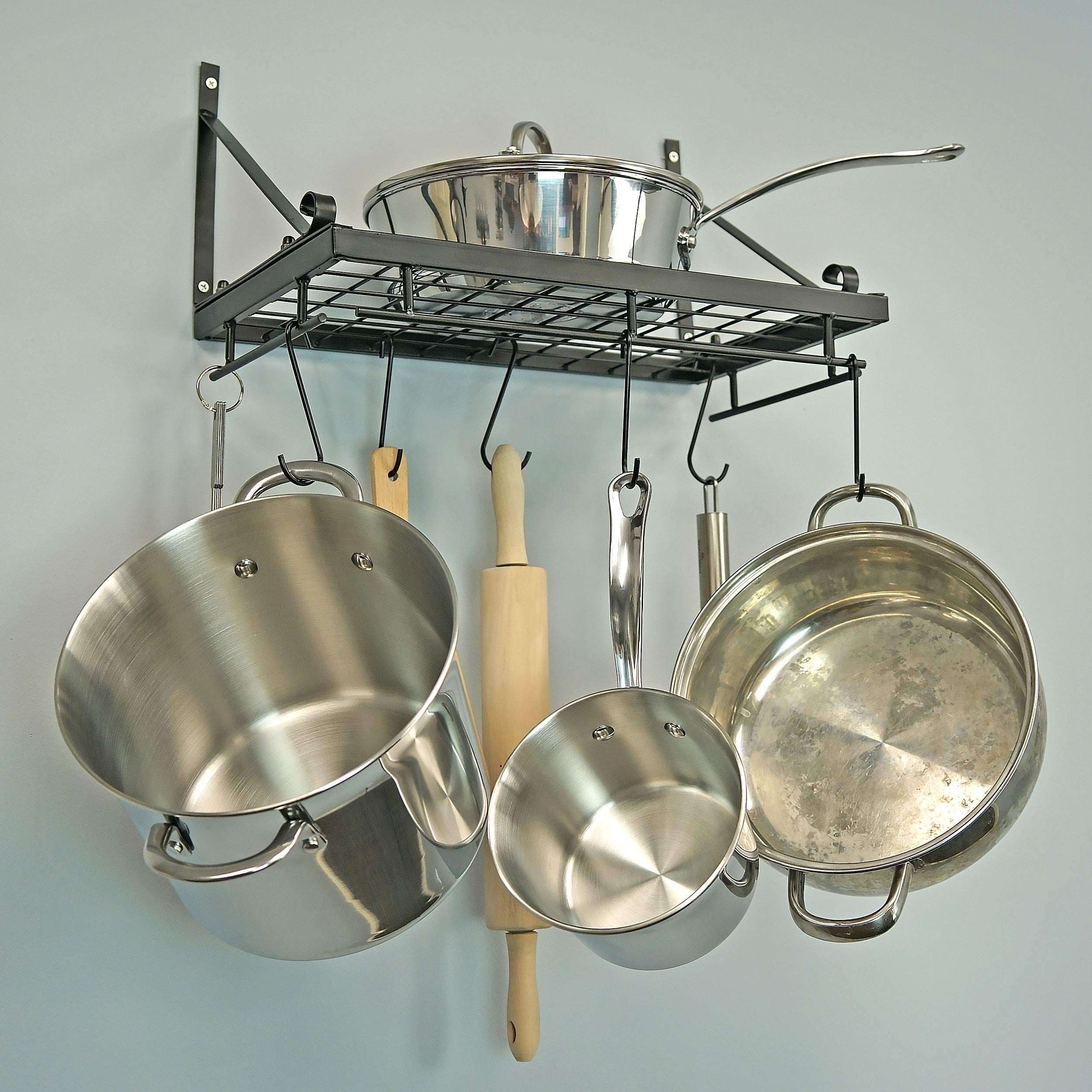 Southern Homewares Classic Pot and Pan Hanging Rack Cast Iron Pans Includes Wire Shelf and 8 Hooks Easy Mount