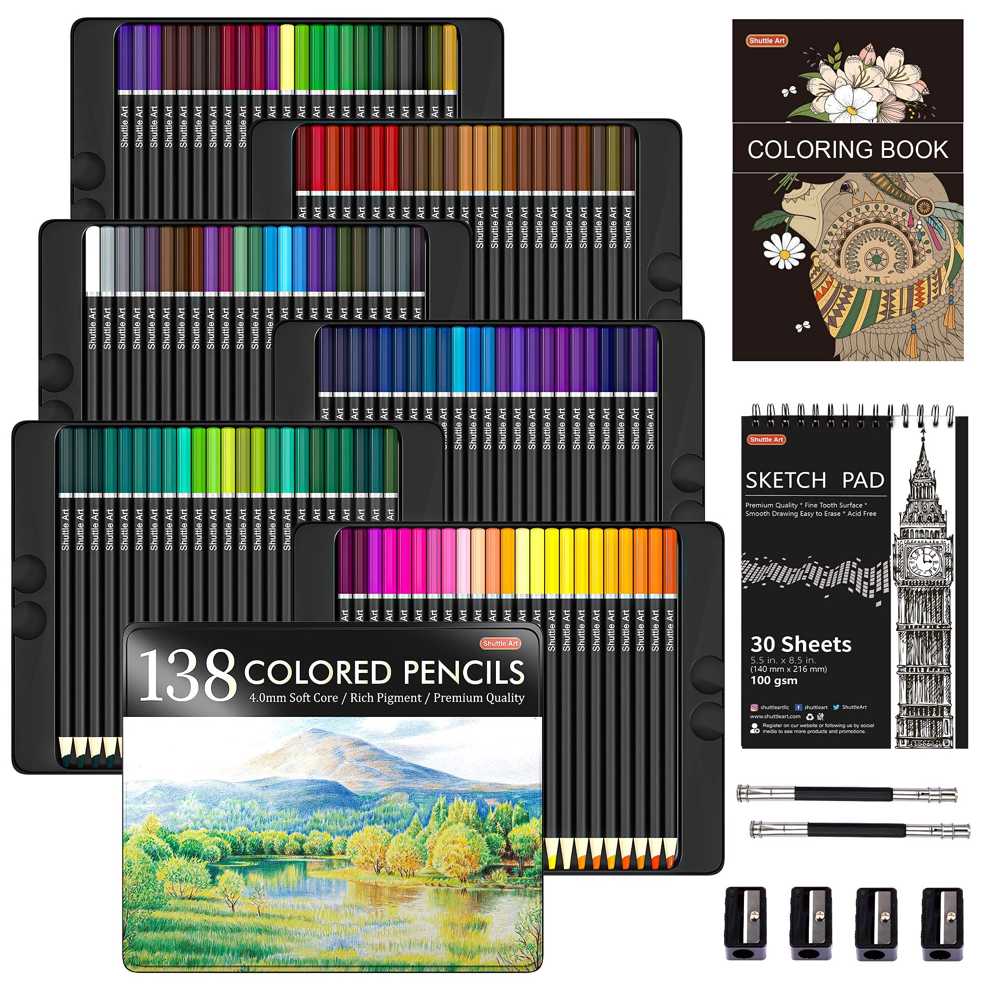 Shuttle Art 180 Colored Pencils, Soft Core Coloring Pencils Set with 4 Sharpeners, Professional Color Pencils for Artists Kids Adults Coloring