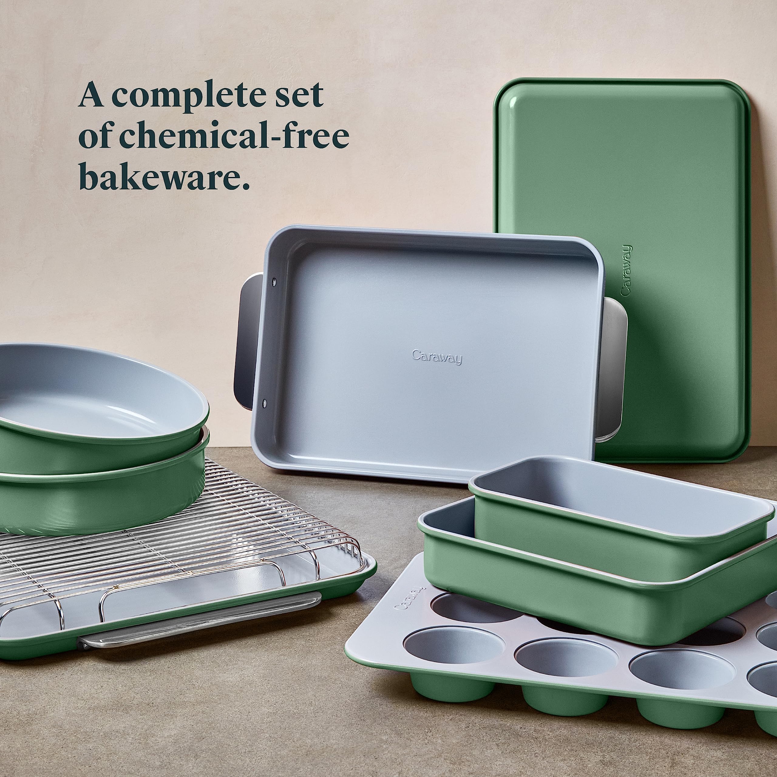 Caraway Nonstick Ceramic Bakeware Set (11 Pieces) - Baking Sheets, Assorted Baking Pans, Cooling Rack, & Storage - Aluminized Steel Body - Non Toxic, PTFE & PFOA Free - Sage