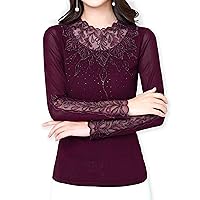Women's Elegant Lace Mesh Tops Long Sleeve Casual Rhinestone Embroidered Blouses Work Shirts