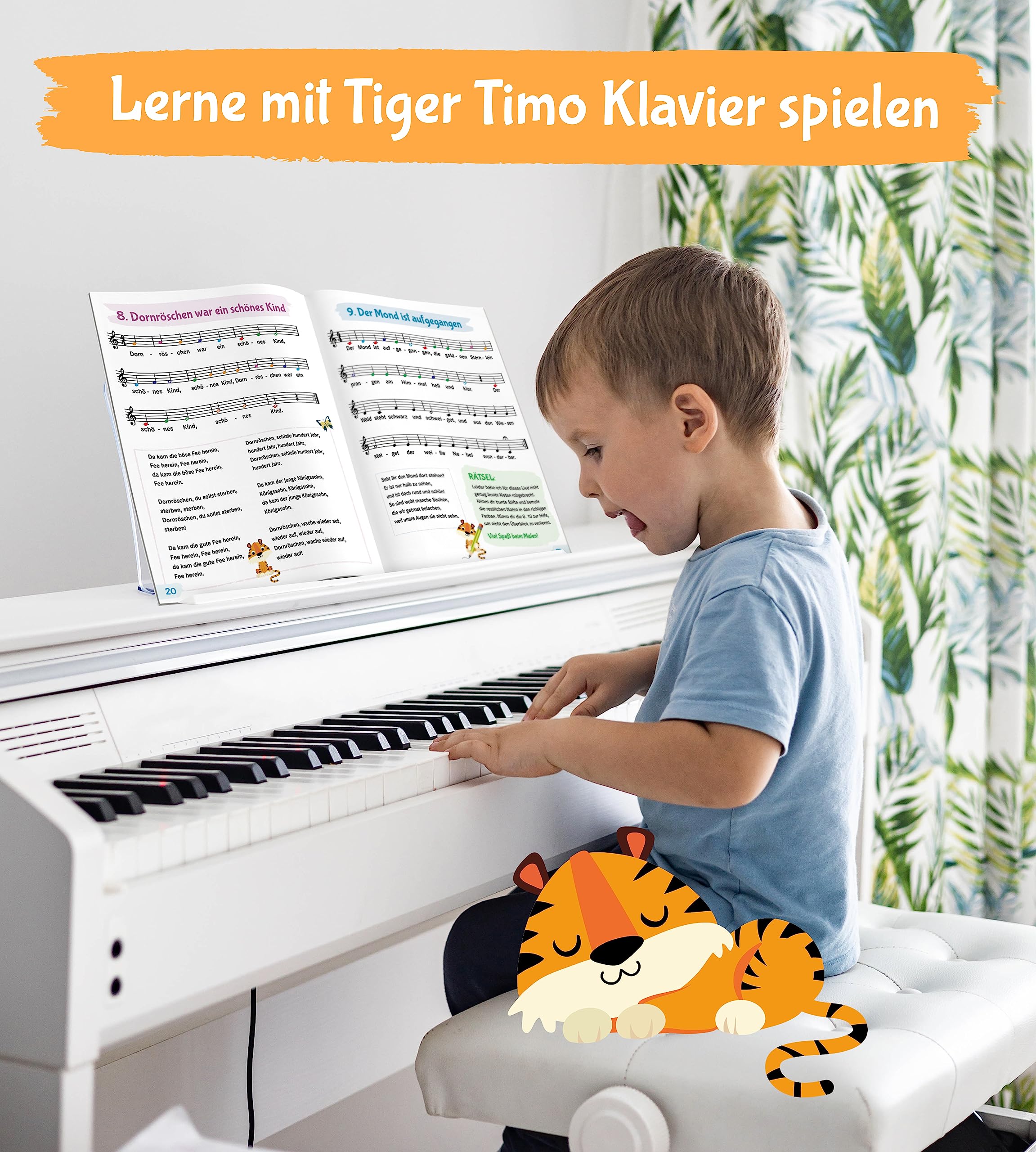 Klavier lernen mit Tiger Timo: 50 Klavierstücke für Kinder mit bunten Klaviernoten – Musikalische Früherziehung für zu Hause mit Rätsel-Spaß, Tasten-Schablonen zum Ausschneiden und Audio-Downloads