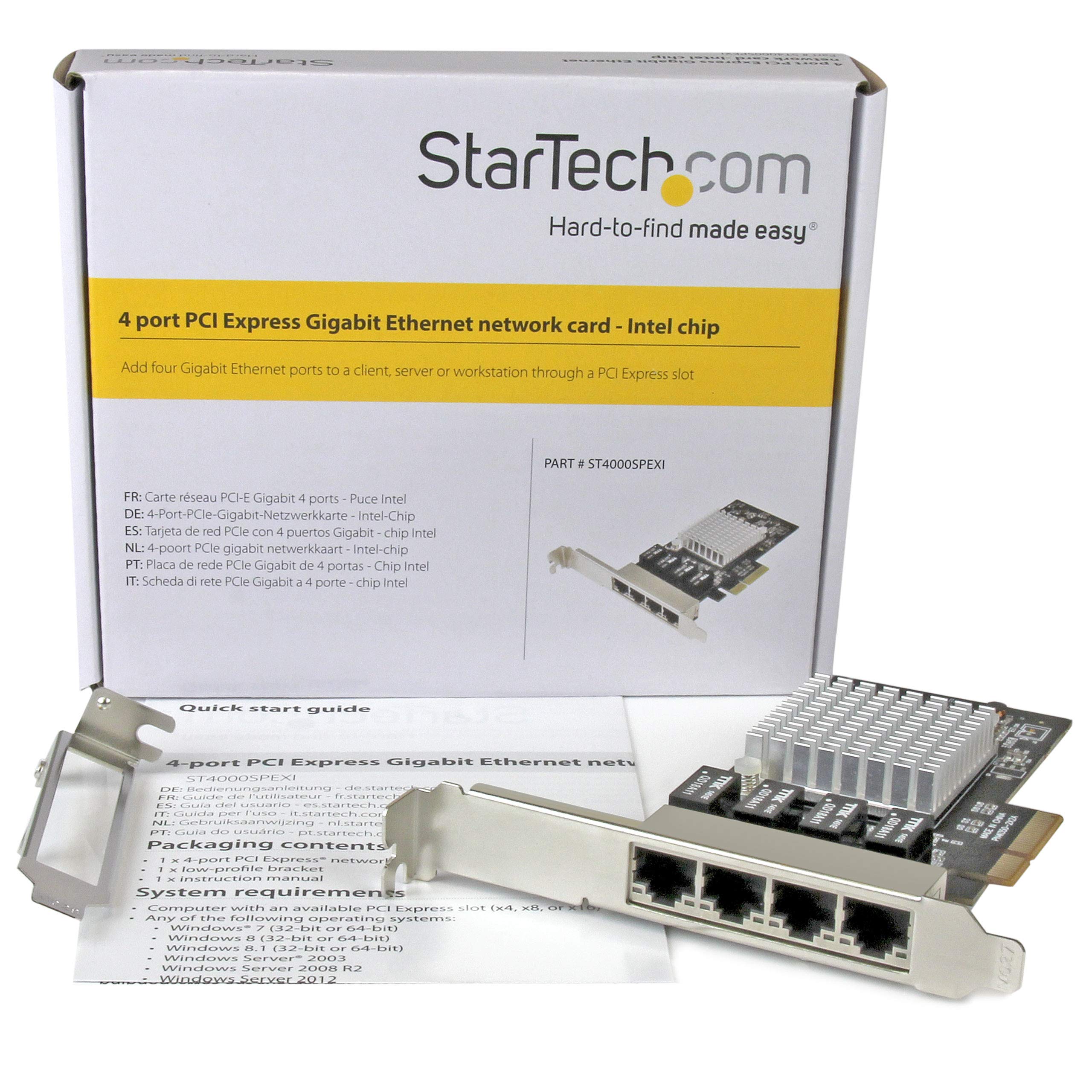 StarTech.com 4 Port PCIe Network Card - RJ45 Port - Intel i350 Chipset - Ethernet Server / Desktop Network Card – Dual Gigabit NIC Card (ST4000SPEXI),Black