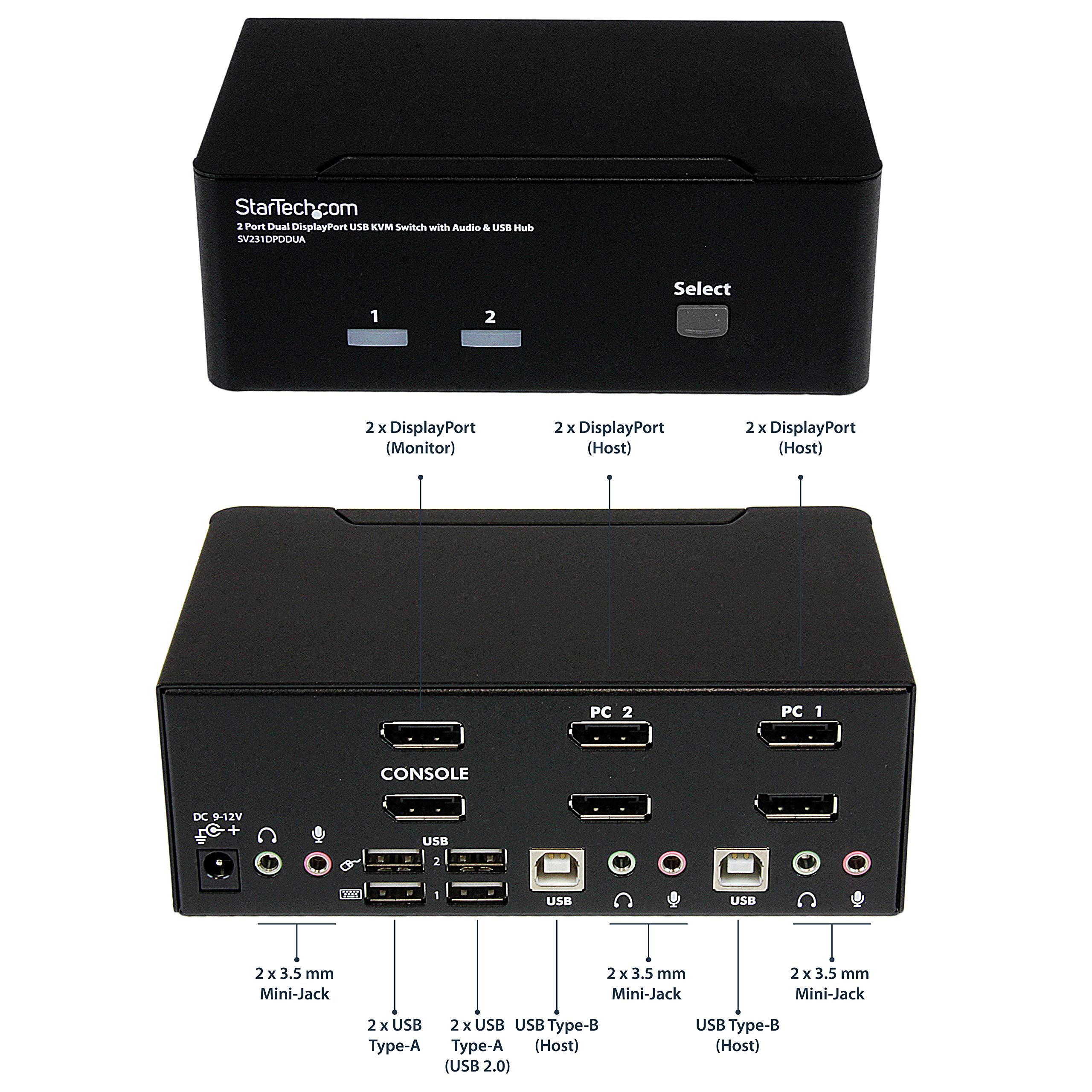 StarTech.com 2-Port DisplayPort KVM Switch - Dual-Monitor - 4K 60 - with Audio & USB Peripheral Support - DP 1.2 - USB Hub (SV231DPDDUA2),Black