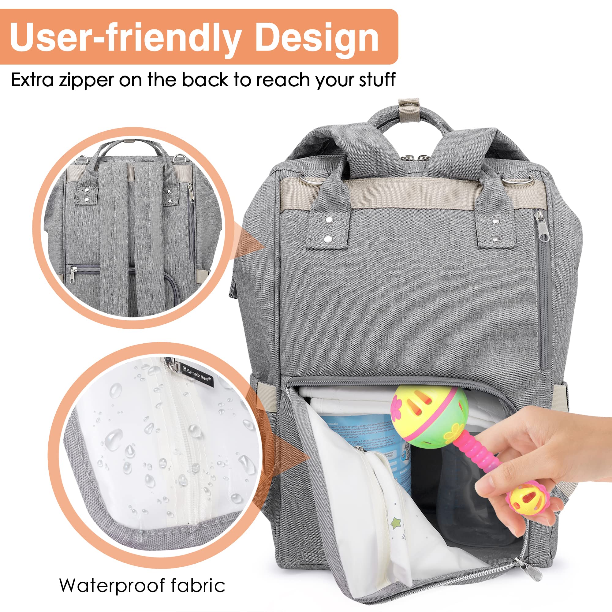 Pomelo Best Diaper Bag Backpack, Multifunction Large Quilted Baby Bag Travel Changing Bags Unisex Waterproof Stylish Diaper Back pack with Stroller Straps Portable Changing Pad Baby Bag for Dad/Mom