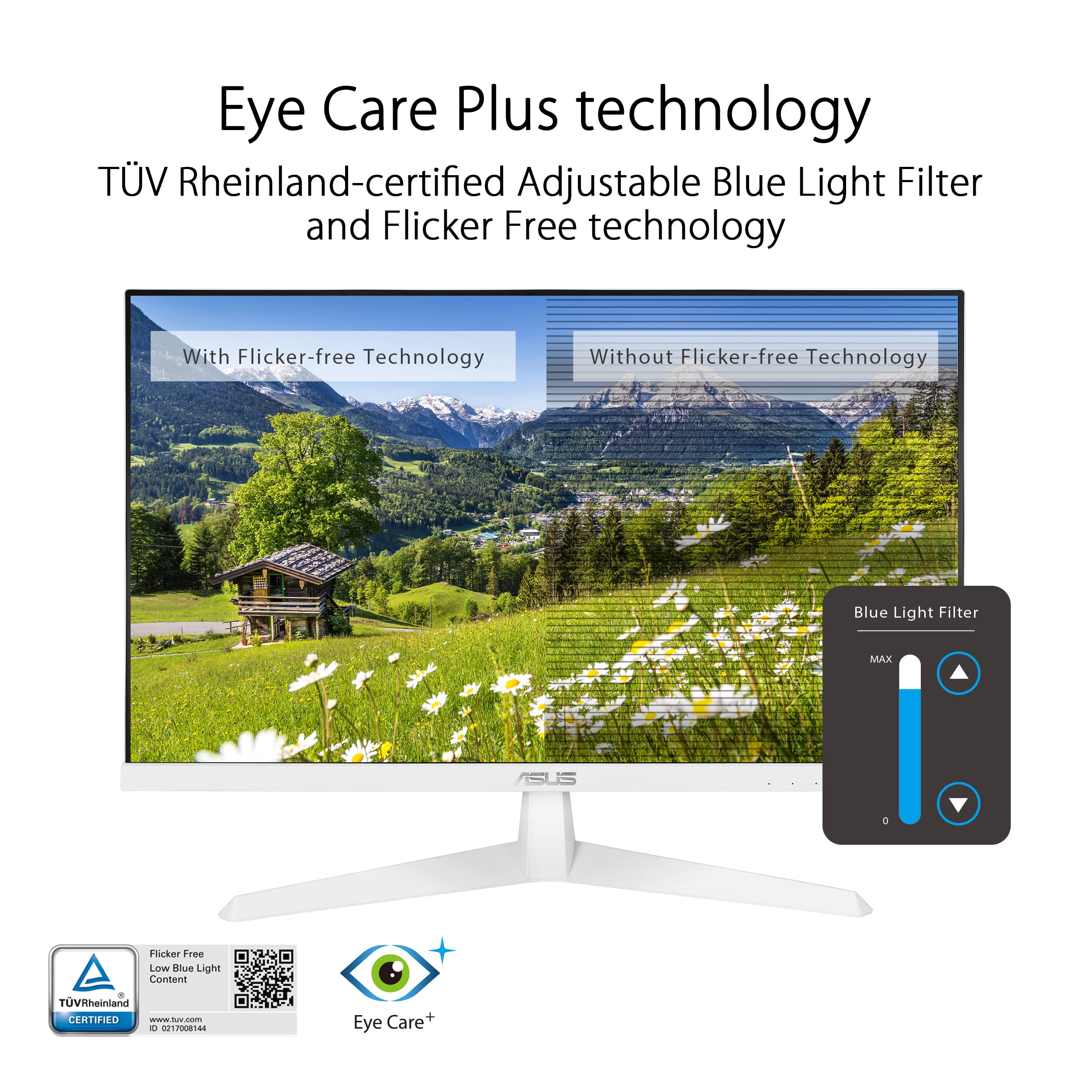 ASUS VY249HE-W 23.8” 1080P Monitor - White, Full HD, 75Hz, IPS, Adaptive-Sync/FreeSync, Eye Care Plus, Color Augmentation, Rest Reminder, HDMI, VGA Frameless VESA Wall Mountable