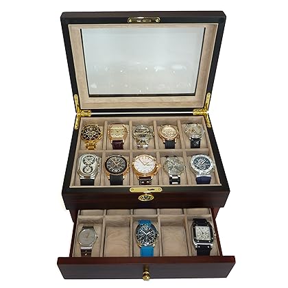 TimelyBuys 20 Piece Ebony Walnut Wood Men's Watch Box Display Case Collection Jewelry Box Storage Glass Top Father's Day Gift