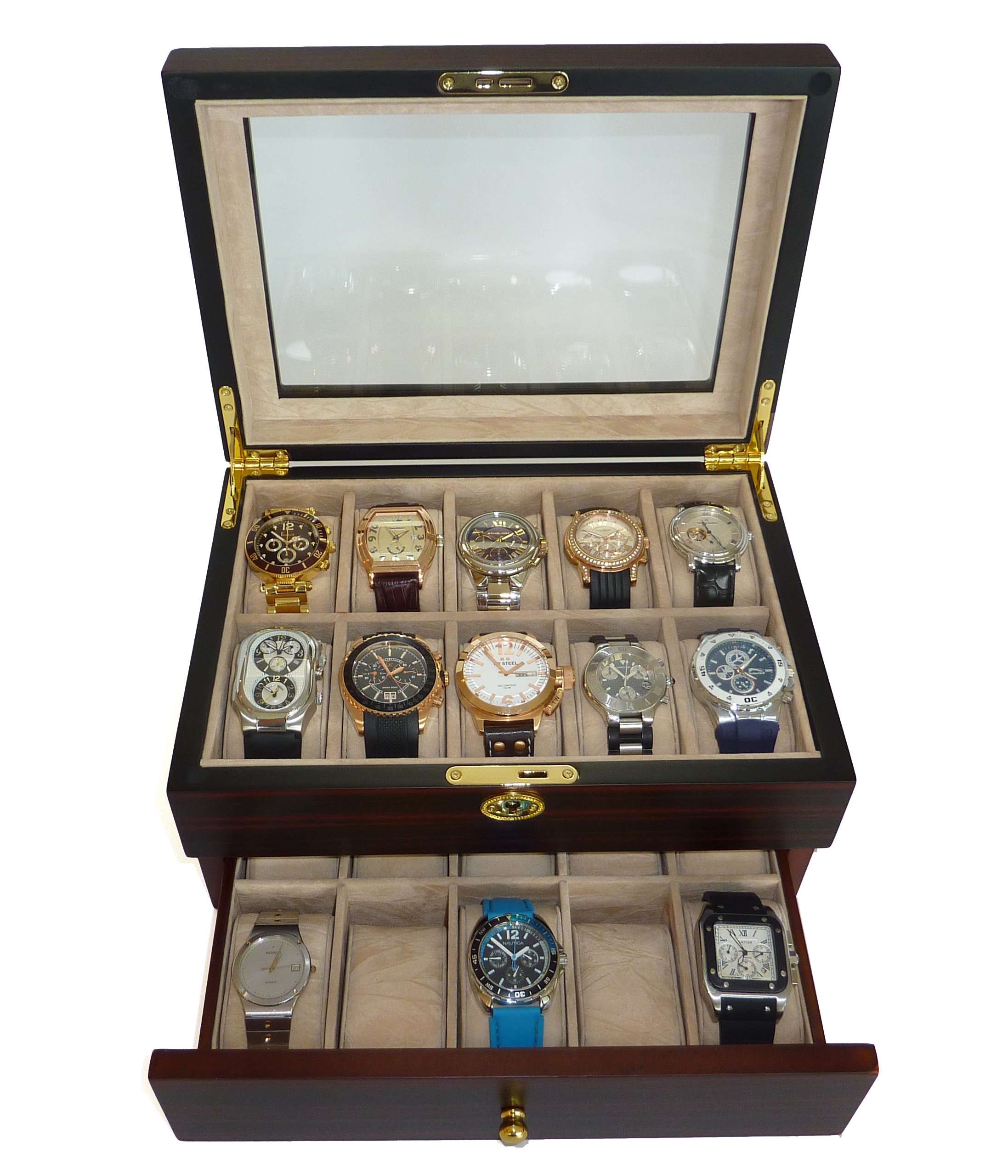 TimelyBuys 20 Piece Ebony Walnut Wood Men's Watch Box Display Case Collection Jewelry Box Storage Glass Top Father's Day Gift