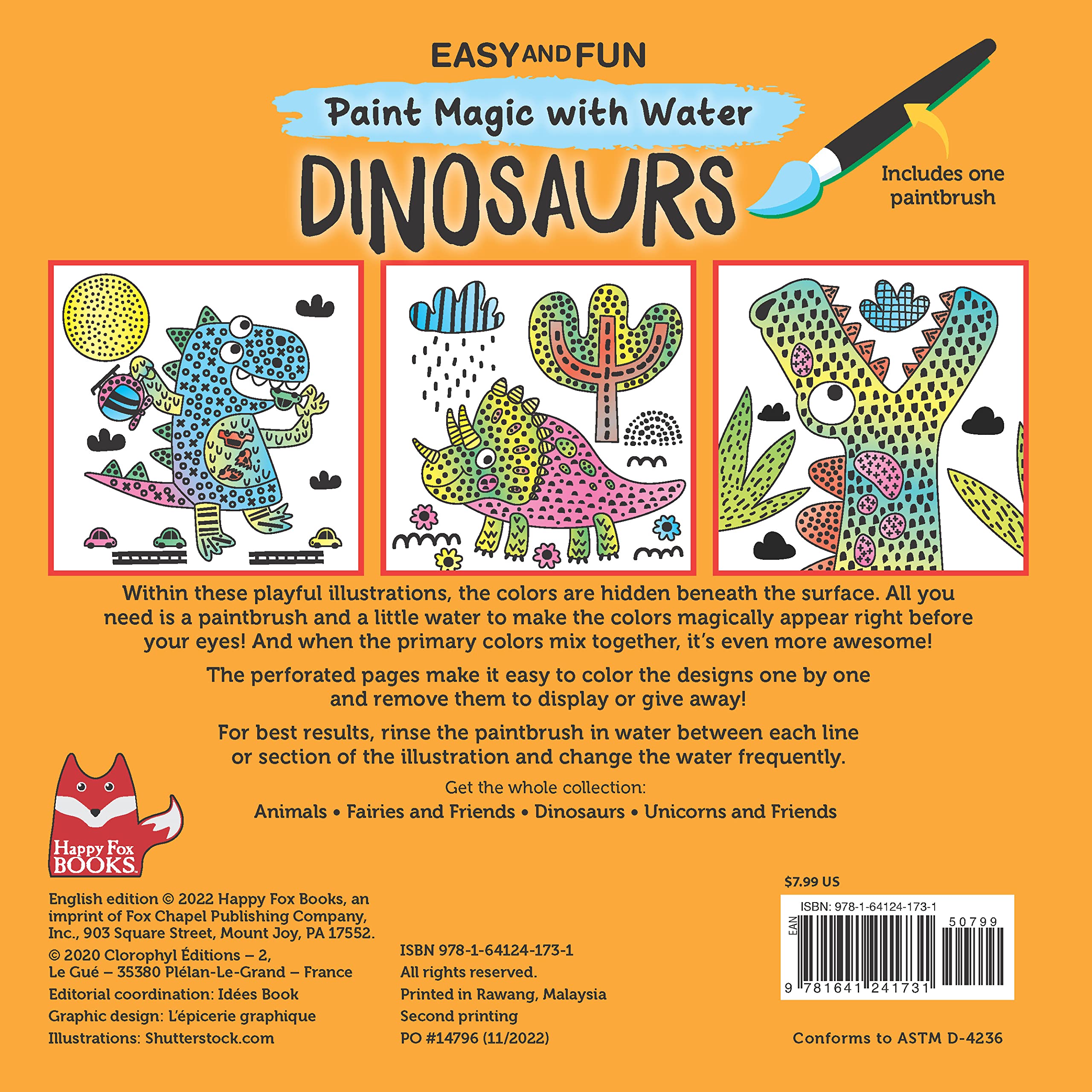 Easy and Fun Paint Magic with Water: Dinosaurs (Happy Fox Books) Paintbrush Included - Mess-Free Painting for Kids 3-6 to Create T. Rexes, Triceratops, Pterodactyls, and More with Just Cold Water