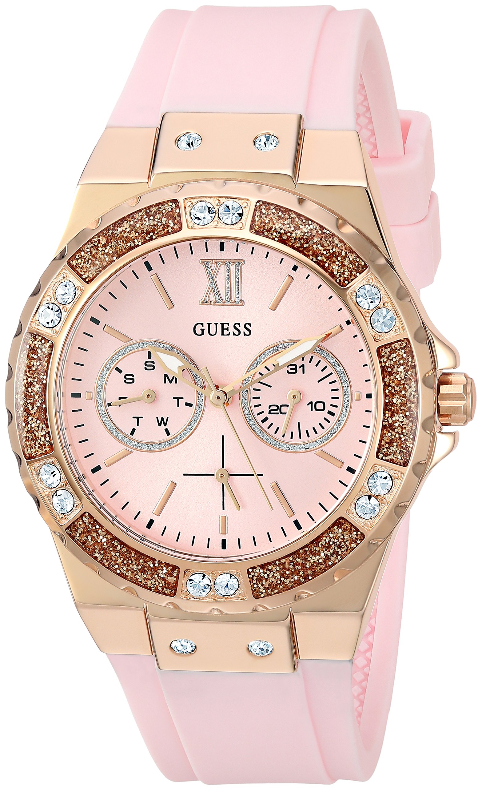 GUESS Women's Stainless Steel + Stain Resistant Silicone Watch with Day + Date Functions