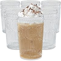 Kate Aspen Vintage Textured Clear Striped Drinking Glasses Set of 6, (13 oz) Ribbed Glassware Set with Flower Design | Cocktail Set, Glass Cups, Iced Coffee Cup