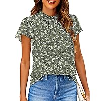 SimpleFun Women Boho Shirts Floral Ruffle Short Sleeve Mock Neck Flowy Casual Summer Blouses Tops