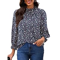 Womens Blouses Dressy Casual Long Sleeve Tops Mock Neck Print Shirts Frill Trim Work Office Tops 2024