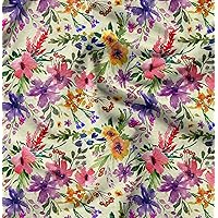 Soimoi Cotton Canvas Yellow Fabric - by The Yard - 42 Inch Wide - Flower & Leaves Watercolor Palette Material - Botanical and Soft Patterns for Stylish Creations Printed Fabric