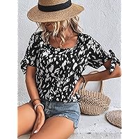 Womens Summer Tops Allover Print Knot Cuff Split Sleeve Blouse (Color : Black, Size : Small)