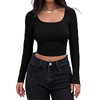 MEROKEETY Women's Long Sleeve Square Neck Crop Top Ribbed Slim Fitted Y2K Casual T-Shirt Tops