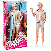 Barbie The Movie Ken Doll Wearing Pastel Pink and Green Striped Beach Matching Set with Surfboard and White Sneakers