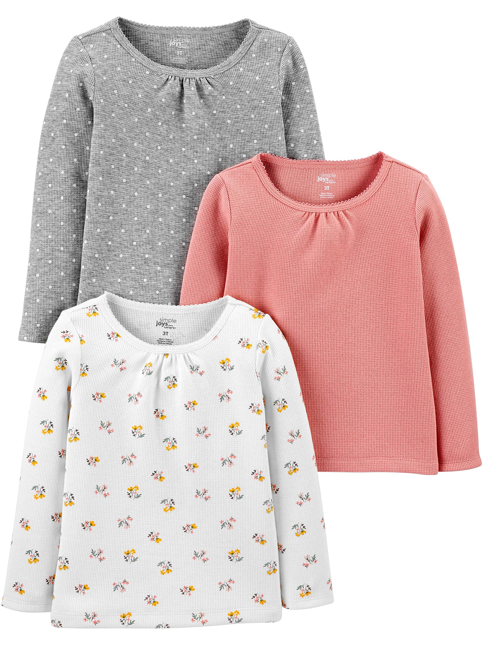 Simple Joys by Carter's Baby Girls' Long-Sleeve Tops, Pack of 3, Grey Dots/Peach/White Floral, 18 Months