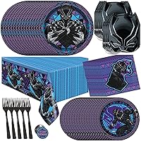 Unique Black Panther Party Supplies | Black Panther Birthday Decorations | Black Panther Wakanda Forever Movie | Serves 16 Guests | Tablecover, Plates, Napkins, Masks, Forks, Button
