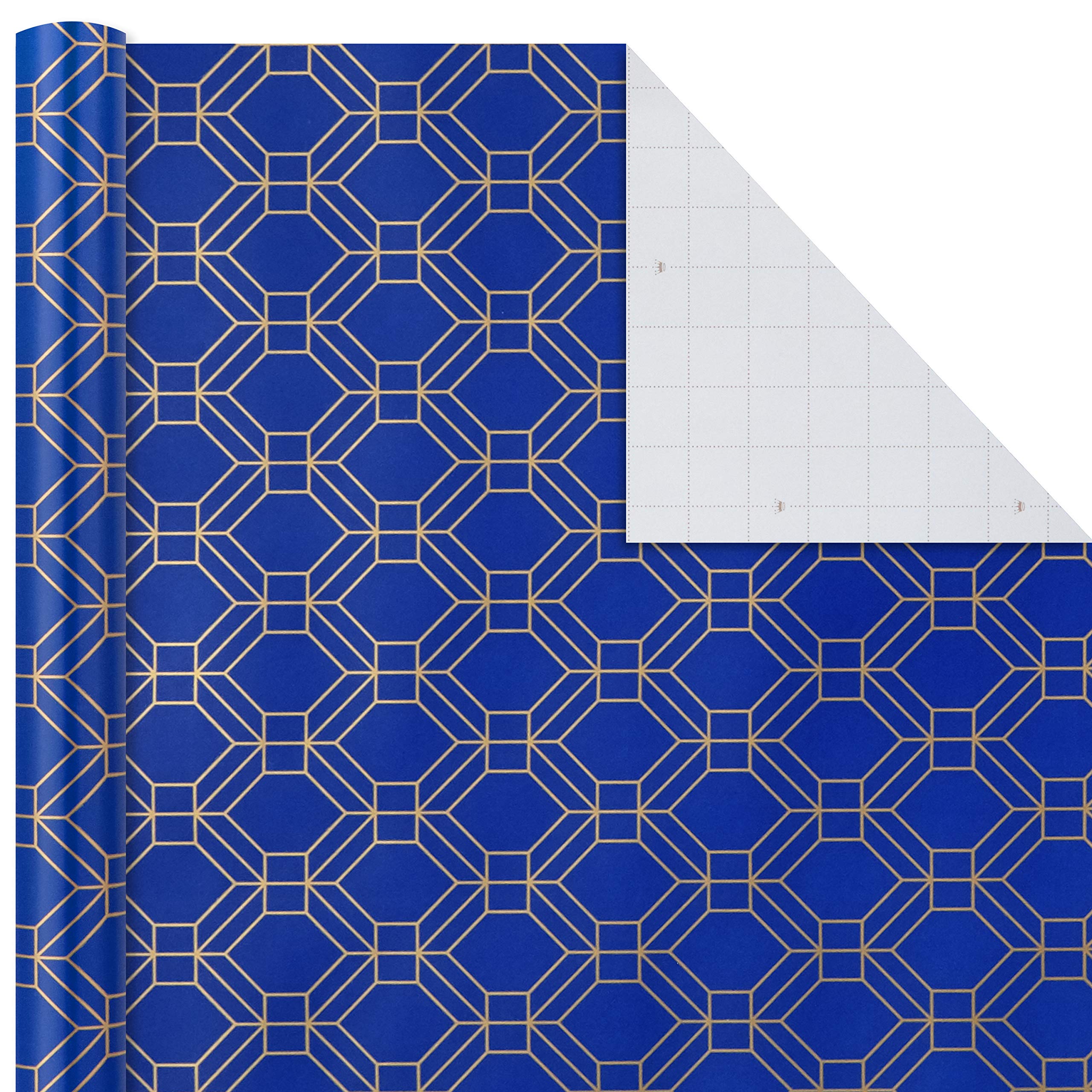 Hallmark All Occasion Wrapping Paper Bundle with Cut Lines on Reverse - Dark Blue and Gold Stripes (3-Pack: 105 sq. ft. ttl.) for Christmas, Hanukkah, Birthdays, Graduations, Father's Day, Weddings