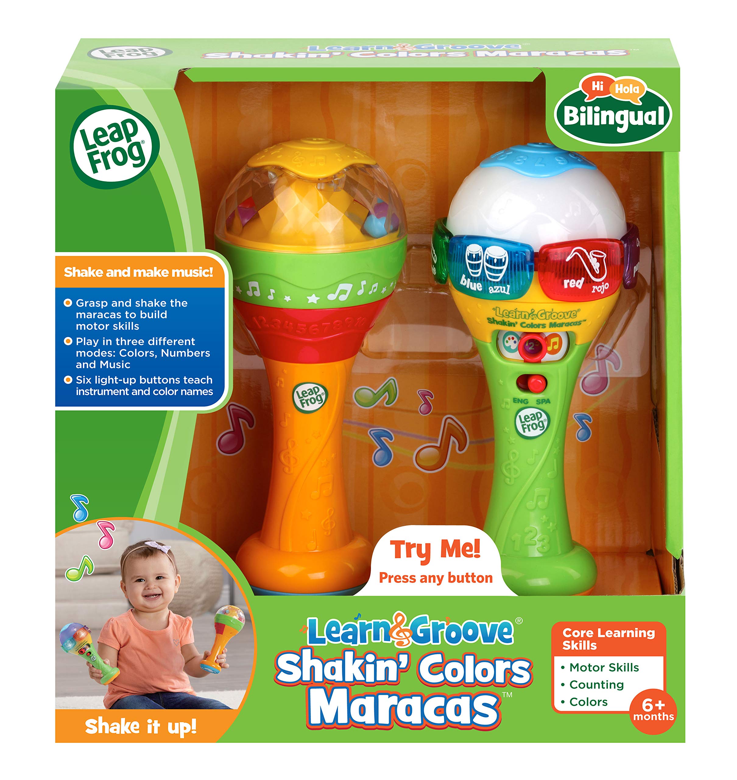 LeapFrog Learn & Groove Shakin' Colors Maracas includes One electronic maraca, one non-electronic maraca, Parent's Guide, Multicolor