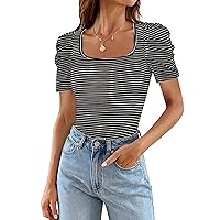 Women's Square Neck Puff Sleeve T Shirts 2024 Summer Casual Striped Basic Tee Tops