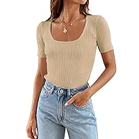 Women's 2024 Short Sleeve Square Neck Ribbed Knit T-Shirts – Stylish Slim Fit Casual Basic Tee Tops for Summer