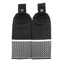 BLACK WAFFLE TERRY CLOTH TOWELS - 2 CROCHET TOP HANGING KITCHEN TOWELS (BLACK)