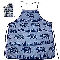Papa Bear Funny Fathers Day Cooking Forest Graphic Novelty Kitchen Accessories Funny Graphic Kitchenwear Dad Joke Funny Animal Novelty Cookware Blue Oven Mitt + Apron