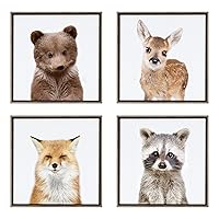 Kate and Laurel Sylvie Woodland Animals Collection Framed Canvas Wall Art by Amy Peterson Art Studio, Set of 4, 13x13 Gray, Decorative Animal Art for Wall