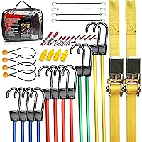TOOLUXE 50888L Bungee Cords Kit, 36pc Assorted Bungee Cord Hooks Set, Large & Small Loop Rope with Hooks, Outdoor Canopy Ties, Ratcheting Straps, Steel Spring Clamps, Plastic Alligator Tarp Clips