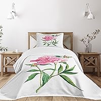 Ambesonne Watercolor Flower Bedspread, Vintage Peony Painting Botanical Spring Garden Flower Nature Theme, Decorative Quilted 2 Piece Coverlet Set with Pillow Sham, Twin Size, Pink White
