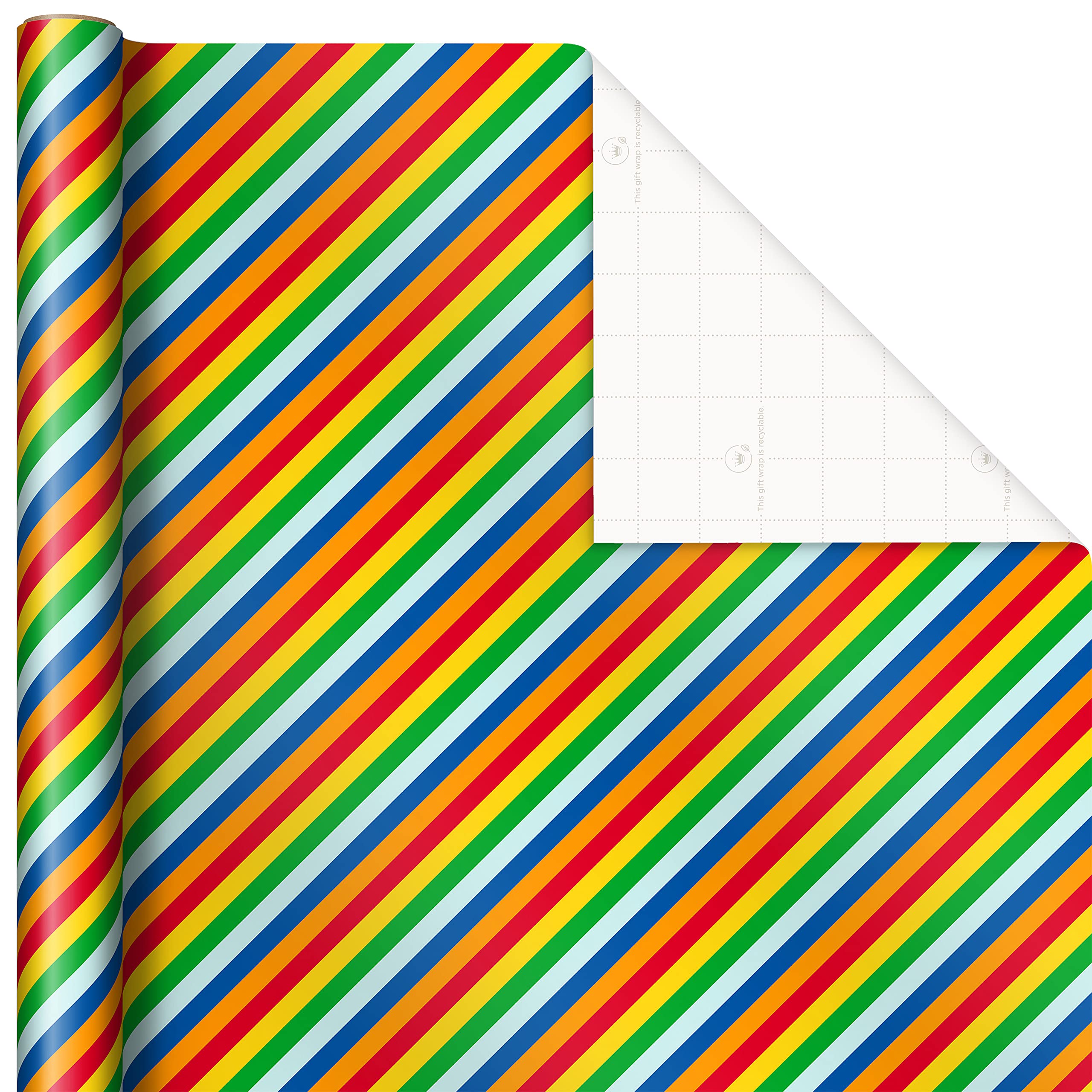 Hallmark Birthday Wrapping Paper Set (3 Rolls: 90 Sq. Ft. Ttl, 10 Bows, Ribbon, Gift Tag Stickers) Rainbow Stripes, Cake, Happy Birthday for Kids and Adults