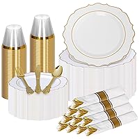 Elegant Gold Plastic Dinnerware Set (350 Pcs) - Includes 50 Dinner Plates, 50 Dessert Plates, 50 Napkins, 50 Cups & Gold Silverware. Ideal for Weddings, Parties & Events. (Modern)