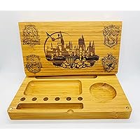 Pop Culture Bamboo Back Flip Style Magnetic Rolling Tray Laser Engraved Personalized Anniversary Gift Birthday Groomsmen Unique CBD Delta Storage Compartment (Hog warts Castle Wizard)