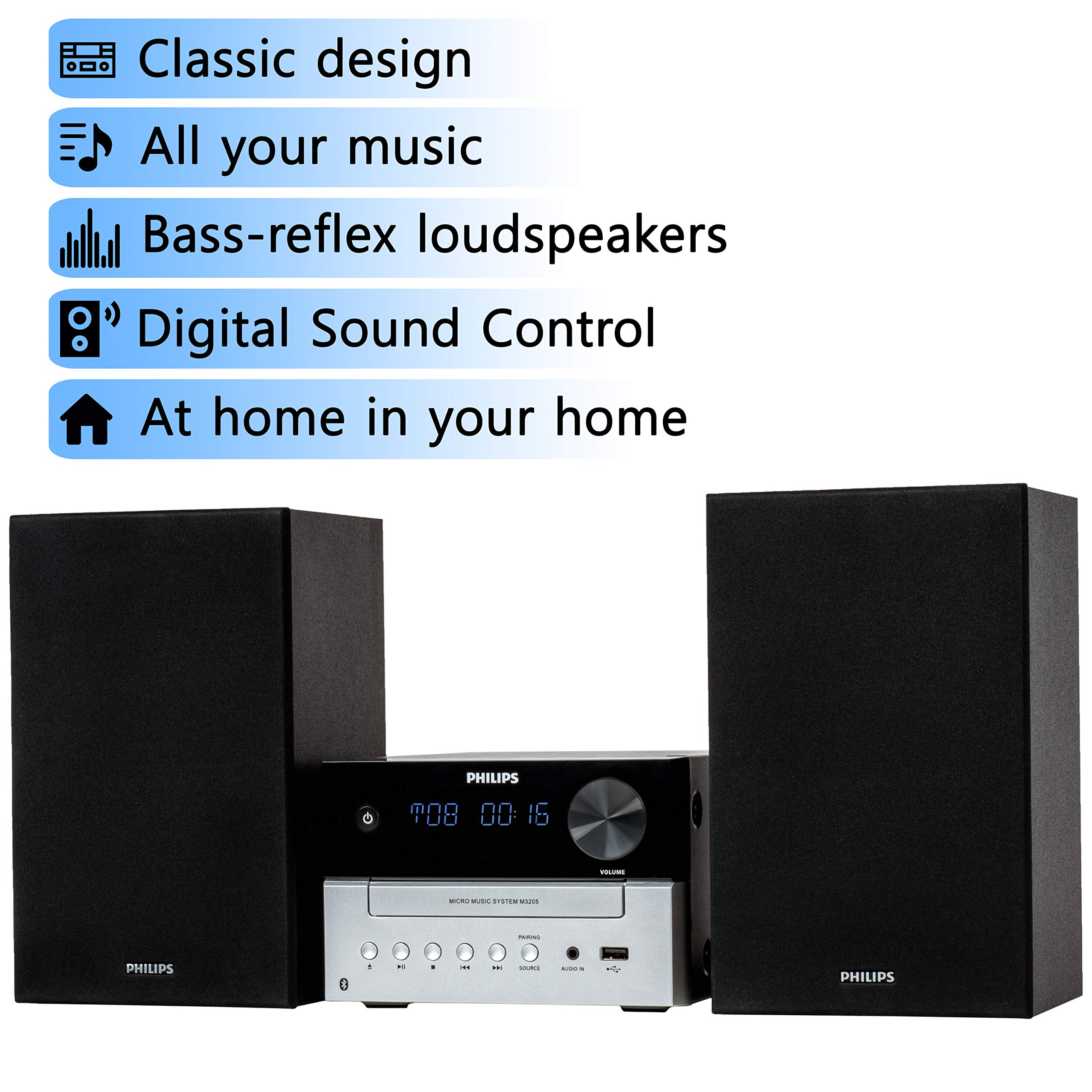 Philips Bluetooth Stereo System for Home with CD Player, MP3, USB, Audio in, FM Radio, Bass Reflex Speaker, 18W, Remote Control Included