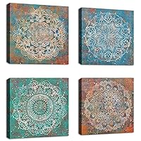 Vintage Flower Pattern Canvas Wall Art for Bedroom Wall Decor Rustic Bohe Floral Pictures Orange Farmhouse Geometric Canvas Prints Artwork for Bathroom Living Room Office Decoration Set of 4 12